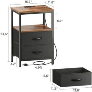 Huuger Nightstand with Charging Station, Side Table with Fabric Drawers, End Table with Open Shelf, Bedside Table with USB Ports and Outlets, Night Stand for Bedroom, Rustic Brown and Black