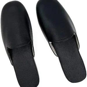 Hyfant Men’s Leather Slippers Genuine Leather Slippers for Men Scuff Slippers with Memory Foam Minimalist Mules House Slip-on Shoes for Office Home Bedroom Living Room Guests Visitor