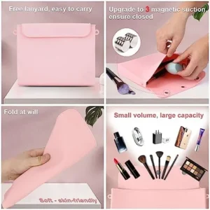 Iborrys Silicone Makeup Bag + Travel Makeup Brush Holder, Portable Travel Toiletry Bag, Stylish Cosmetic Bag for Women, Suitable for Toiletries Brushes and Makeup Tools (Pink)