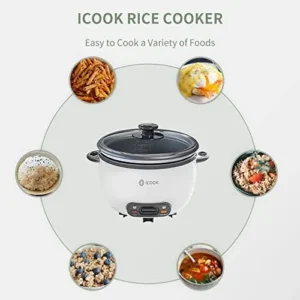 ICOOK White Rice Cooker 1L Grains,Oatmeal,Cereals Cooker,Rice Warmer Steamer,Small Mini Rice Cooker,Removable Nonstick Pot,Full View Glass Lid,White…