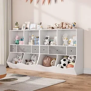 IDEALHOUSE Kids Bookshelf and Toy Storage Organizer with 3 Movable Drawers, Floor Storage Cabinet Toy Chest with 4 Cubbies, Multifunctional Storage Chest for Nursery, Playroom and Bedroom, White