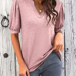 Imily Bela Womens V Neck T Shirts Casual Puff Sleeve Loose Dressy Blouses Summer Tops