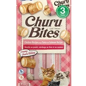 INABA Churu Bites for Cats, Soft & Chewy Cat Treats with Creamy Churu Filling, Vitamin E and Green Tea Extract, 0.35 Ounces Each Tube, 18 Tubes Total (3 per Pack), Tuna with Salmon Recipe