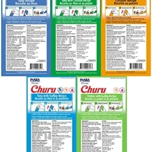 INABA Churu Cat Treats, Grain-Free, Lickable, Squeezable Creamy Purée Cat Treat/Topper with Vitamin E & Taurine 0.5 Ounces Each Tube, 20 Tubes, Tuna & Chicken Variety