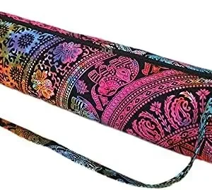 INDIAN CRAFT CASTLE ICC Yoga Mat Bag, Yoga Mat Bag Carrier Full-Zip Exercise Yoga Mat Carry Bag for Women Men with Multi-Functional Storage Pockets and Adjustable Shoulder Strap Multi Elephant Flower