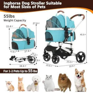 Ingborsa Pet Stroller 3 in 1 Folding Lightweight Dog Stroller with Detachable Carrier & Storage Basket, Premium 4 Wheels Travel Stroller for Puppies, Doggies, Kitties (Blue)