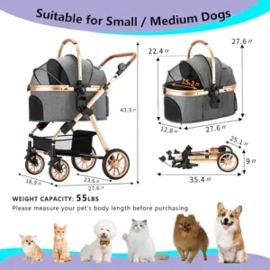 Ingborsa Pet Stroller, Dog Stroller for Medium Small Dog with Storage Basket Foldable Lightweight Dog Carrier Trolley.Basket can be Used Alone.（Gray）