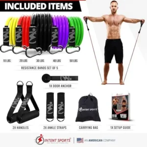 INTENT SPORTS Resistance Bands Set – Exercise Bands with Handles, Door Anchor, Legs Ankle Straps, Carry Bag for Fitness, Muscle Training, Home Workout, Physical Therapy, Shape Body for Men and Women