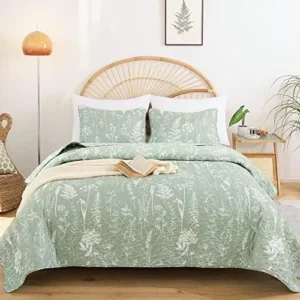 JANZAA Sage Green Quilt Botanical Quilts Queen Size with Floral Pattern Microfiber Bedspreads Queen Size 3 Pieces Lightweight Comforter Reversible Bedding Set with 2 Pillow Cases