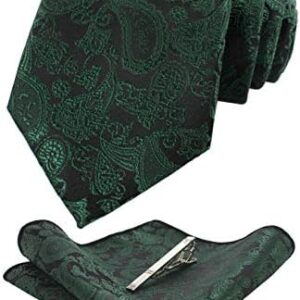 JEMYGINS Mens Solid Color Paisley Necktie and Pocket Square with Tie Clip Sets