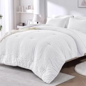 JOLLYVOGUE Queen/Full Comforter Set White Seersucker Bed in a Bag Queen with Sheets 7- Pieces All Season Bedding Sets with Comforter, Pillow Sham, Flat Sheet, Fitted Sheet and Pillowcase