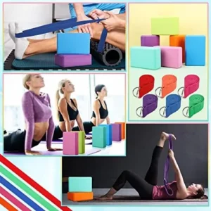 Junkin 12 Pcs Yoga Blocks with Strap Set, 9” x 6” x 3” EVA Foam Yoga Blocks 72 Inch Stretching Yoga Strap Adjustable Yoga Belt Exercise Stretch Bands with D Ring Buckle for Workout Fitness Dance