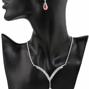 JWICOS Bridal Necklace Earrings Set Crystal Wedding Jewelry Set Rhinestone Choker Necklace for Women and Girls (Red)