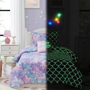 Kaleido Space KALEIDOSPACE Pink Comforter Twin for Kids, Glow in The Dark Mermaid Bedding Sets with Decor Pillow, 3 Pieces Girls Bed Set