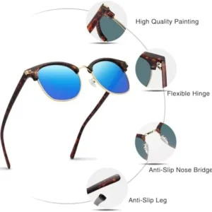 KANASTAL Semi Rimless Polarised Sunglasses Men Women Classic Horn Rimmed Frame UV400 Half Frame Shades