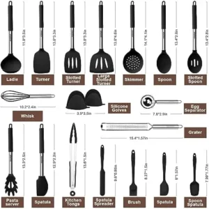 Kesupair Silicone Kitchen Utensils Set, 20 pcs Cooking Utensils Set-Cooking Utensil – Kitchen Gadgets and Tools with Holder-Stainless Steel Kitchen Utensil with Grater,Turner,Tongs (Black)