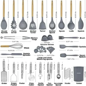 Kesupair Silicone Kitchen Utensils Set, 46 pcs Cooking Utensils Set-Silicone Spatula Set- Kitchen Gadgets and Tools with Holder-Wooden Handle Silicone Kitchen Utensil with Tongs,Grater (Drk Grey)