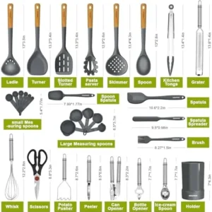 Kesupair Silicone Kitchen Utensils Set – Heat Resistant Silicone Cooking Utensils for Cooking Wooden Handles, Spatula Set, Kitchen Utensil Tools and Gadgets Sets for Non-Stick Cookware (Dark Grey)