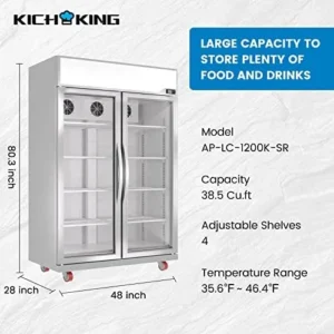 KICHKING 38.5 Cu.ft Merchandiser Refrigerator, 35~46?, 48″ W Glass Door Upright Display Refrigerator, Light Box Beverage Cooler, LED Lighting, Drink Fridge-Silver, for Home Restaurant Grocery Stores