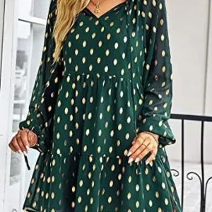 KIRUNDO Women 2024 Spring Summer Long Sleeve V Neck Ruffle Polka Dot Mini Dress Casual Loose Tiered Swing Tunic Dresses