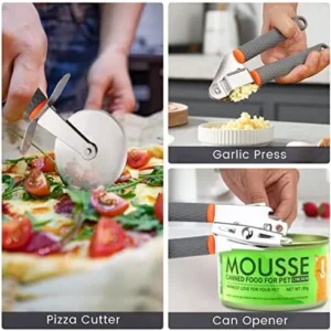 Kitchen Gadget Utensil Set, 9PCS Stainless Steel Cooking & Baking Accessory with Non-Slip Silicone Handle, Set Includes Knife, Peeler, Grater, Whisk, Garlic Press, Pizza Cutter and Bottle Can Opener