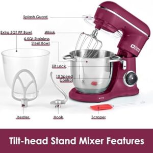 Kitchen in the box Stand Mixer, 4.5QT+5QT Two bowls Electric Food Mixer, 10 Speeds 3-IN-1 Kitchen Mixer for Daily Use with Egg Whisk,Dough Hook,Flat Beater (Purplish Red)