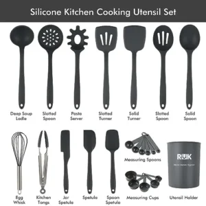 Kitchen Utensils Set, 24 Pcs Silicone Cooking Baking Spatula Spoon Utensils Sets with Holder for Nonstick Cookware, 446°F Heat Resistant, Kitchen Gadgets Tools Essentials for New Home, Dishwasher Safe