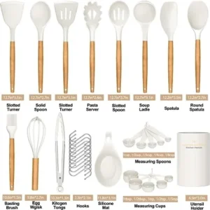 Kitchen Utensils Set, 33 pcs Non-Stick Silicone Cooking Utensils Set, Heat-Resistant Silicone, Wooden Utensils for Cooking, Kitchen Gadgets Spatula Set, Apartment Essentials Kitchen Set (White)