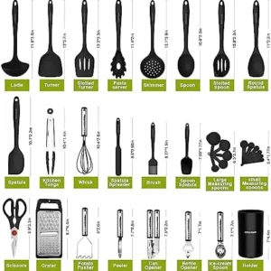 Kitchen Utensils Set – 446°F Heat Resistant Silicone Cooking Utensils Set-Kitchen Tools and Gadgets for Cooking Nonstick Cookware (Black)