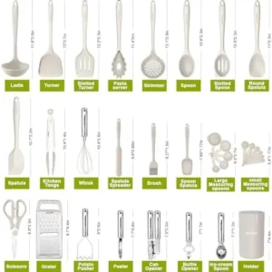 Kitchen Utensils Set – 446°F Heat Resistant Silicone Cooking Utensils Set-Kitchen Tools and Gadgets for Cooking Nonstick Cookware with Tongs,Turner,Spatula,Spoon,Brush,Peeler,Grater,Scissors (Khaki)