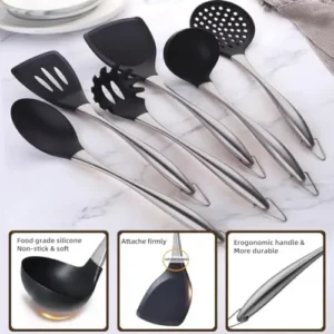 Kitchen Utensils Set, Large Non-stick Silicone Cooking Utensils Set 6 Pcs,Made of 446°F Heat Resistant Food Grade Silicone and Stainless Steel Handles,Easy to Clean Kitchen Gadgets Set (Silver)