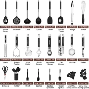 Kitchen Utensils Set-Silicone Cooking Utensils-32 pcs Non-Stick Silicone Cooking Kitchen Utensils Spatula Set with Holder-Best Kitchen Cookware with Stainless Steel Handle (Black)