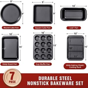 KITESSENSU Baking Pans Sets, Nonstick Bakeware Sets 7-Piece with Round/Square Cake Pan, Loaf Pan, Muffin Pan, Cookie Sheet, Roast Pan, Cooling Rack, Carbon Steel Bake Set