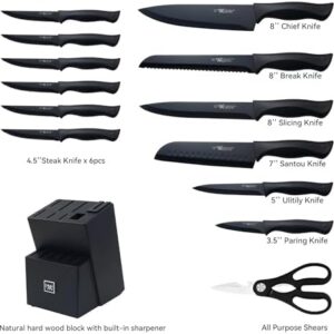 Knife Sets for Kitchen with Block, HUNTER.DUAL 15 Pcs Kitchen Knife Set with Block Self Sharpening, Dishwasher Safe, Anti-slip Handle, Black