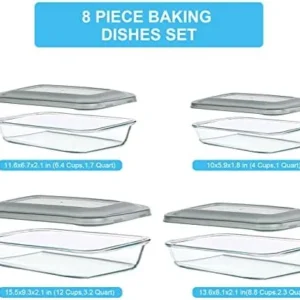 KOMUEE 8 Pieces Glass Baking Dish with Lids Rectangular Glass Baking Pan Bakeware Set with BPA Free Lids, Baking Pans for Lasagna, Leftovers, Cooking, Kitchen, Fridge-to-Oven, Gray