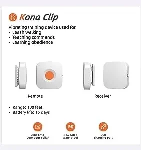 Kona Clip Dog Training Device- Dog Vibration Collar with Remote Controller for Small, Medium and Large Dogs, Correction Device for Dogs with Vibration, Waterproof, Rechargable