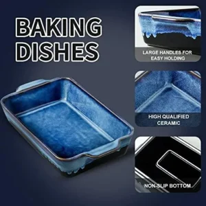 KOOV Bakeware Set, Ceramic Baking Dish Set, Rectangular Casserole Dish Set, lasagna Pan, Baking Pans Set for Cooking, Cake Dinner, Kitchen, 9 x 13 Inches, Reactive Glaze 3-Piece (Nebula Blue)