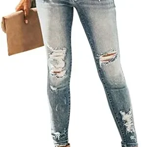 KUNMI Women’s Ripped Skinny Slim Fit Jeans Frayed Distressed Stretchy Denim Pants