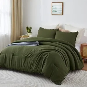 LANNOMO Olive Green Comforter Set, Queen Boho Comforter Bedding Set with Pom Poms Fringe Design, 1 Lightweight Comforter and 2 Pillowshams