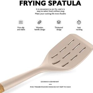 Large Silicone Cooking Utensils Set – Heat Resistant Silicone Kitchen Utensils for Cooking w Wooden Handles, Spatula Set, Kitchen Utensil Gadgets Sets for Non-Stick Cookware, BPA Free (Khaki)