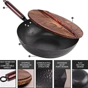 Leidawn 12.8″ Carbon Steel Wok-11Pcs Woks & Stir Fry Pans Wok Pan with Lid, No Chemical Coated Chinese Wok with 10 Cookware Accessories, Flat Bottom Wok for Electric, Induction,Gas Stoves