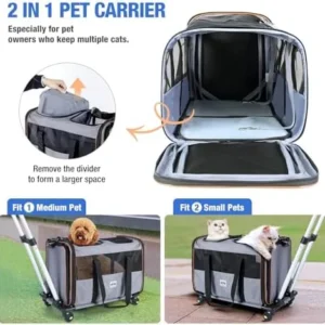 Lekereise Cat Dog Carrier with Wheels for 2 Cats, Expandable Double Cat Carrier with Wheels, Large Rolling Pet Carrier for 1 Large Cat/Dog or 2 Medium Cats, Wheeled Pet Carrier with Telescopic Handle