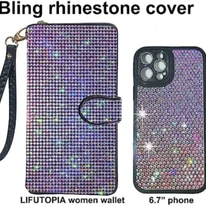 LIFUTOPIA Bling Rhinestone Womens Wallet Artificial Diamond Wristlet Clutch Purse Credit Card Holder Large Capacity for Checkbook Phone Colorful