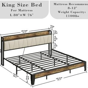 LIKIMIO King Bed Frame, Storage Headboard with Charging Station, Solid and Stable, Noise Free, No Box Spring Needed, Easy Assembly (Walnut and Beige)