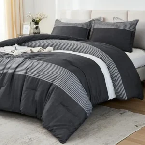 Litanika Full Size Comforter Sets Black White Grey – 3 Pieces Lightweight Bedding Set for Boys Men, All Season Down Alternative Comforter (1 Comforter, 2 Pillowcases)