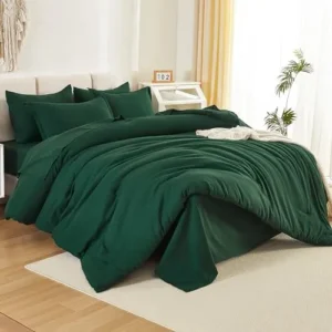 Litanika Queen Comforter Set Dark Emerald Green – 7 Pieces Bed in a Bag Queen Beddding Comforter Sets, Solid Lightweight Bed Set with Comforter, Sheets, Pillowcases & Shams