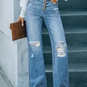 LookbookStore High Waisted Ripped Flare Jeans for Women Distressed Bell Bottom Jeans Wide Leg Pants