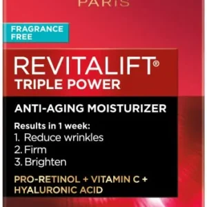 L’Oreal Paris Revitalift Triple Power Anti-Aging Face Moisturizer, Fragrance Free, Pro Retinol, Hyaluronic Acid & Vitamin C to Reduce Wrinkles, Firm & Brighten Skin, 2.55 Oz