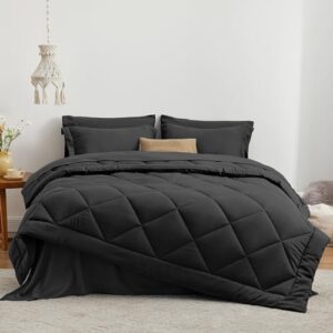 Love’s cabin Queen Comforter Set Black, 7 Pieces Queen Bed in a Bag, All Season Queen Bedding Sets with 1 Comforter, 1 Flat Sheet, 1 Fitted Sheet, 2 Pillowcase and 2 Pillow Sham