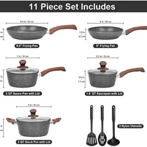 M MELENTA Granite Pots and Pans Set Ultra Nonstick, 11 Piece Die-Cast Cookware Sets with Frying Pan, Sauce Pan, Stockpot, Stay Cool Handle & Kitchen Utensils, Gas/Induction Compatible, 100% PFOA Free